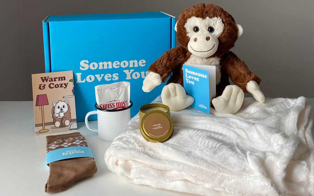 stuffed monkey with cozy bundle items