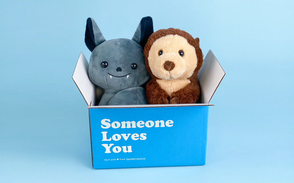stuffed animal bat and otter in someone loves you box