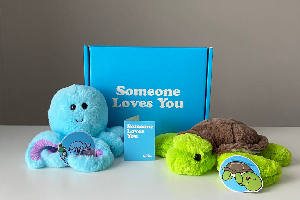 An image of Ollie the Octopus and Tucker the Turtle with their stickers and the signature blue "Someone Loves You" box and note card 