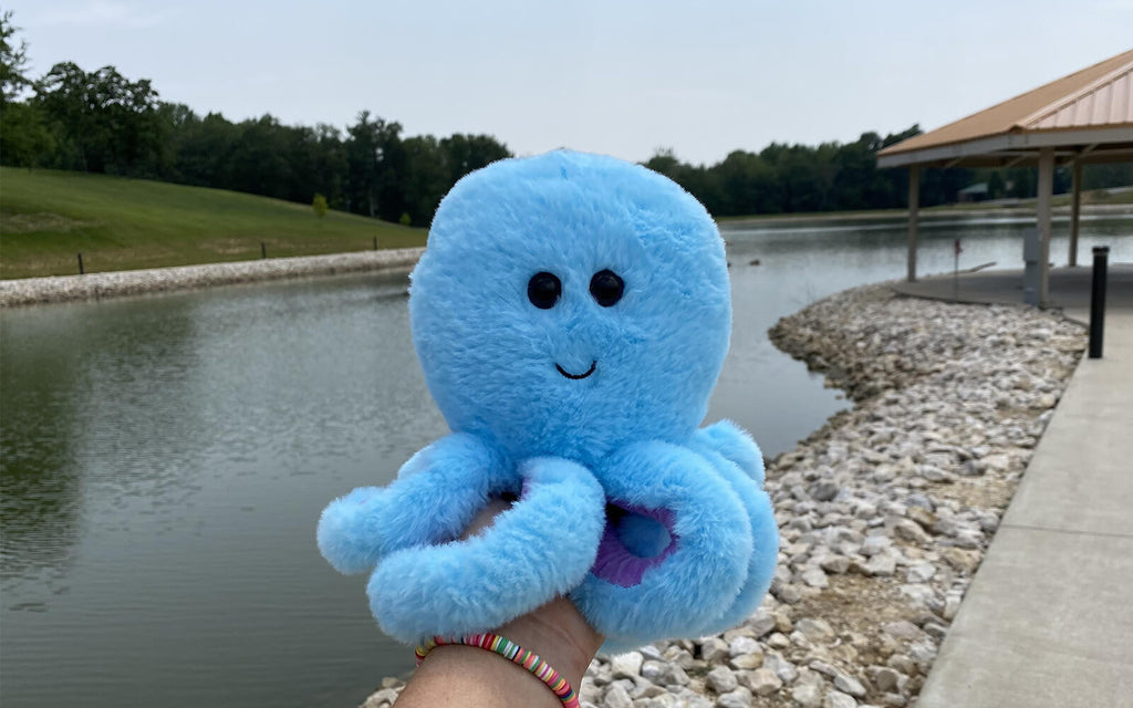 An image of Ollie the Octopus being held outdoors in front of a pond
