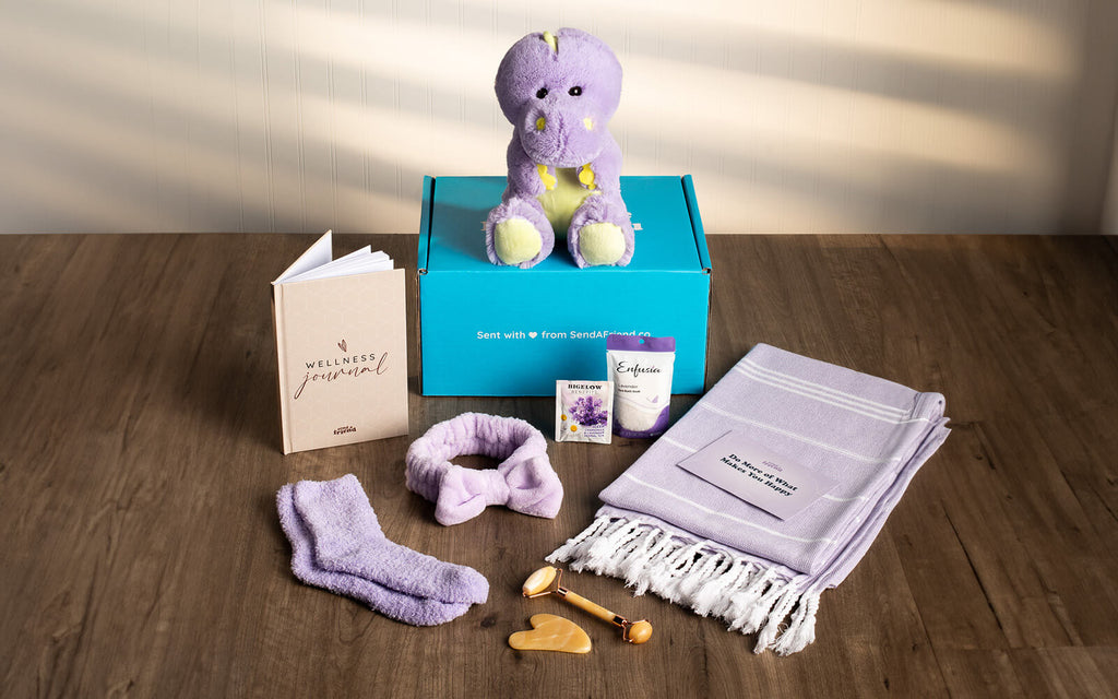 Image of Dexter the Dinosaur sitting on the signature "Someone Loves You" box. Also pictured in the image are the contents of the Deluxe Self Care Bundle: Turkish towel, gua sha set, spa headband, fuzzy socks, a wellness journal, bath soak, a chamomile lavender tea bag, and curated Spotify playlist