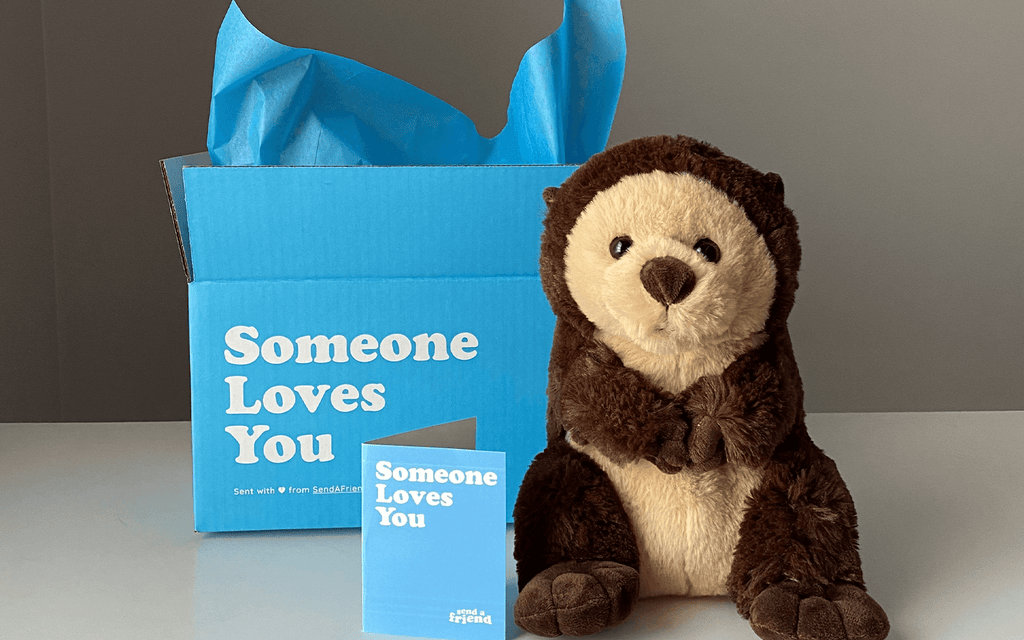 Photo of Oliver the Otter with Someone Loves You box and note card