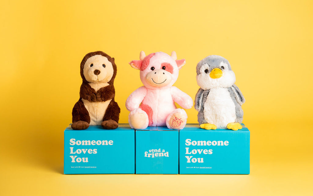 Pictured from left to right is Oliver the Otter, Sally the Strawberry Cow, and Pepper the Penguin sitting on top of "Someone Loves You" boxes with a yellow background