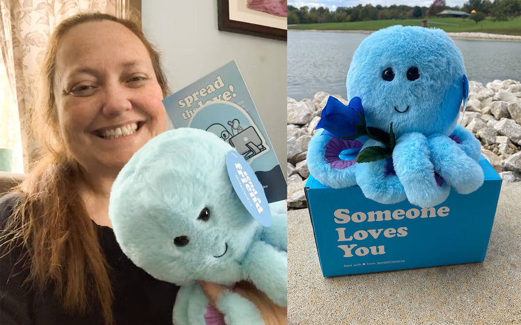 Split Image: (Left: Woman smiling holding Ollie the Octopus along with card and Ollie sticker)(Right: Ollie the Octopus sitting on the signature "Someone Loves You" box holding the Blue Rose)