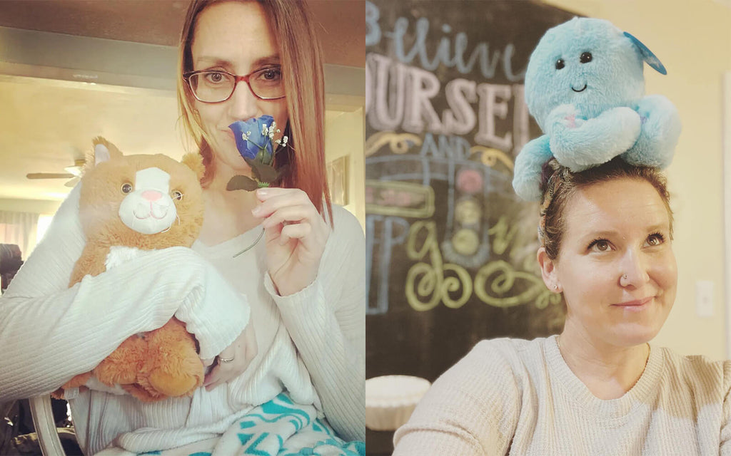 Split image (Left: woman holding Kiwi the Kitten holding Blue Rose up to face)(Right: Woman with Ollie the Octopus sitting on her head)