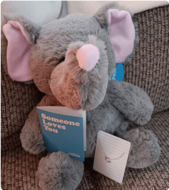 Eli the Elephant stuffed animal with card and necklace accessory