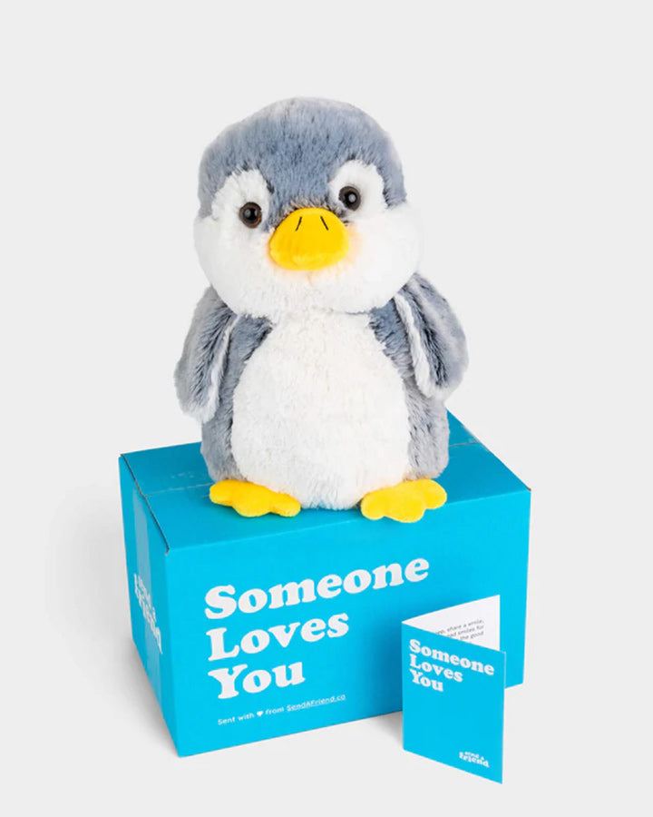 pepper the penguin sitting on a someone loves you box