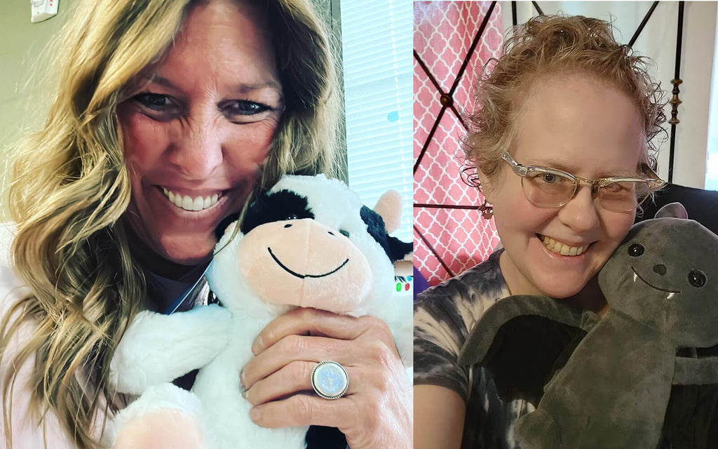 Split Image (Left: Woman smiling holding Cooper the Cow near her face, Right: Woman smiling holding Binks the Bat near her face)