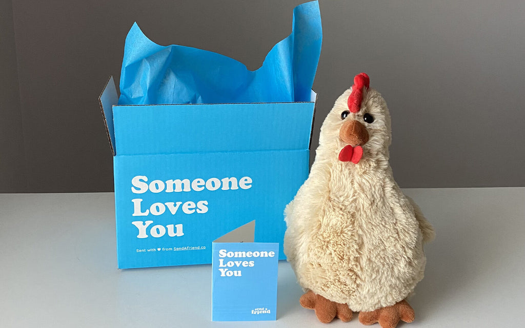 Pictured is Rowdy the Rooster with the signature "Someone Loves You" box and notecard