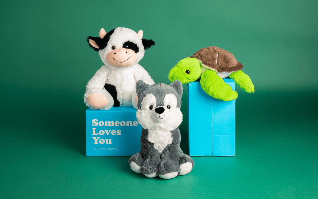 Picture of Cooper the Cow sitting on top of a Someone Loves You box next to Tucker the Turtle and Winston the Wolf