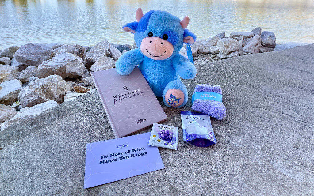 An image of Beau the Blueberry cow sitting outdoors by water with items from the Self Care Bundle: wellness journal, lavender bath soak, lavender + chamomile tea packet, soft-to-the-touch fuzzy socks, and "Do more of what makes you happy" card
