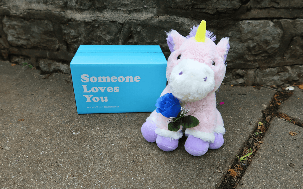 Image of Unique the Unicorn holding a blue rose sitting next to a Someone Loves You box