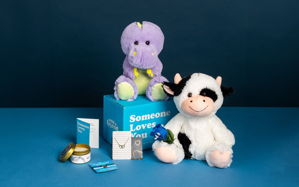 Photo of Dexter the Dinosaur sitting on a Someone Loves You box, Cooper the Cow sitting below with the following accessories: note card, Amber Sky candle, friendship bracelets, golden hearts necklace, blue rose