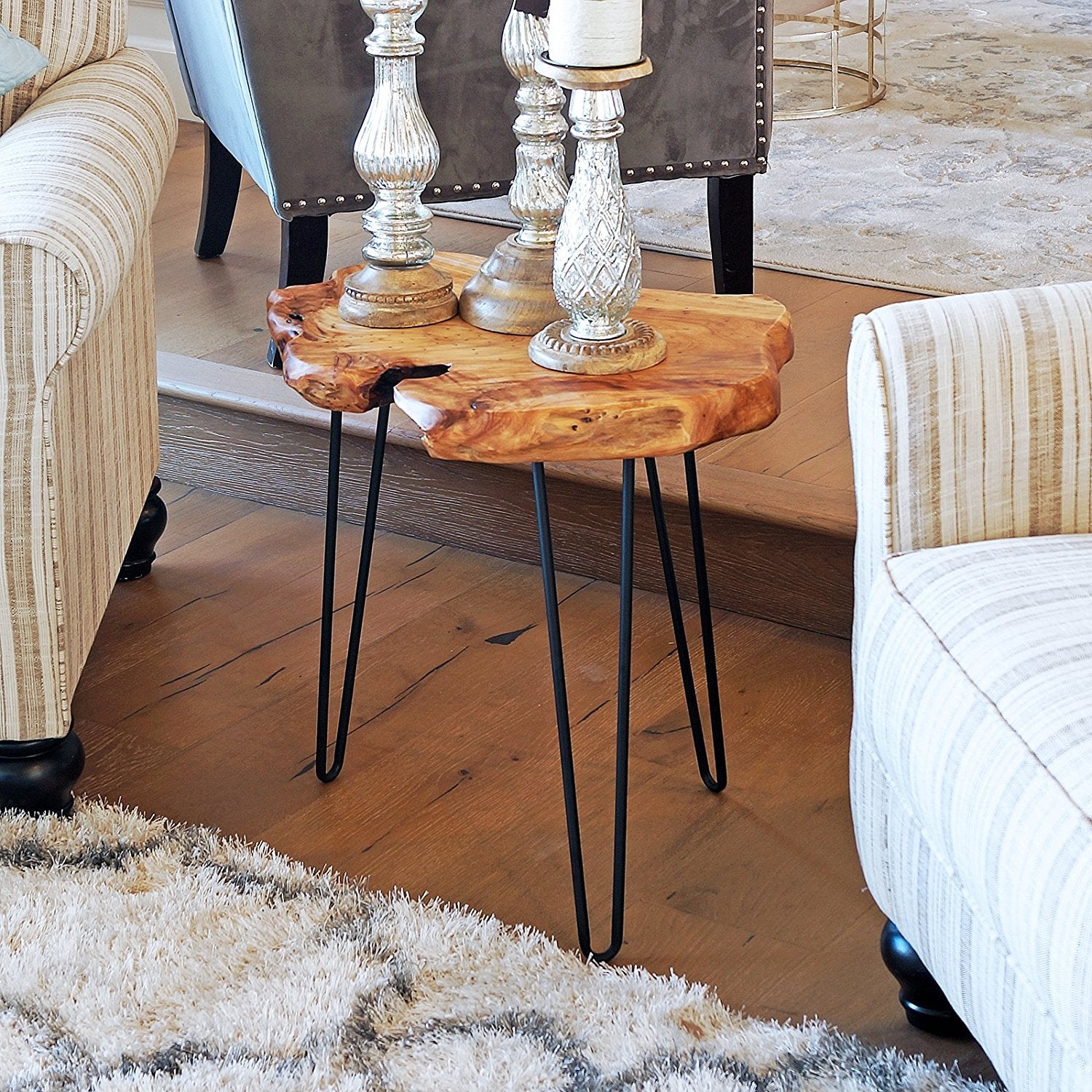 Cedar Wood Stump End Table With Hairpin Legs | Wellandstore - WellandStore