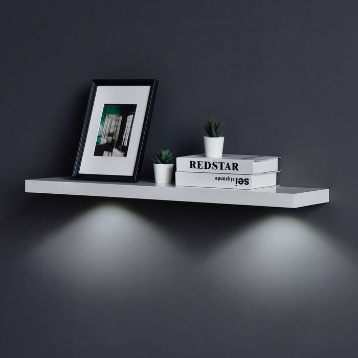 WELLAND Floating Shelf with Touch-Sensing Battery Powered LED Light, Wall Mounted Display Shelves, 9.2"D x 1.5"T, White