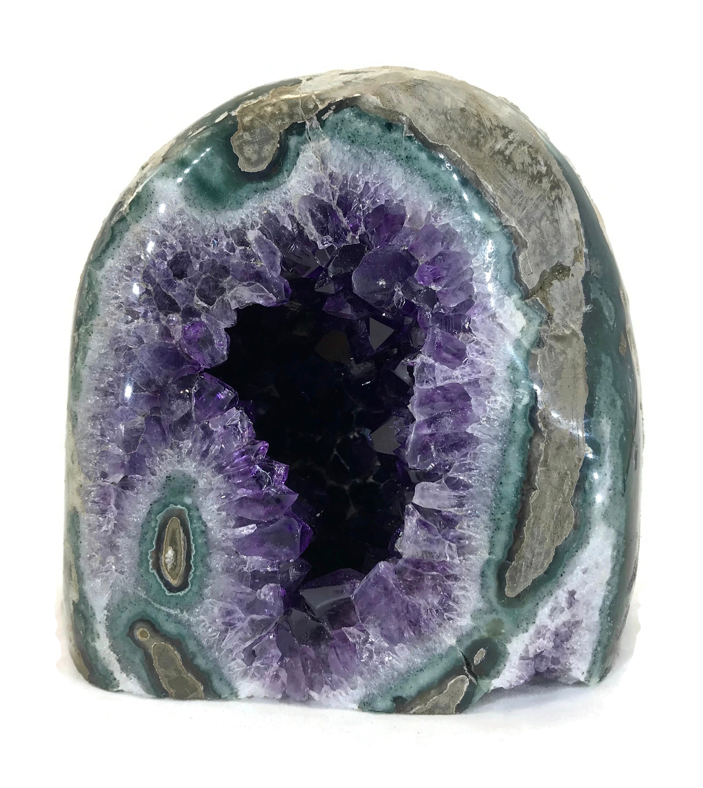 Green Banded Agate with Amethyst Crystals Geode – Rockology.net