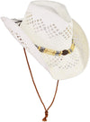 Cute Comfy Flex Fit Woven Beach Cowboy Hat, Western Cowgirl Hat with Wooden Beaded Hatband (White)