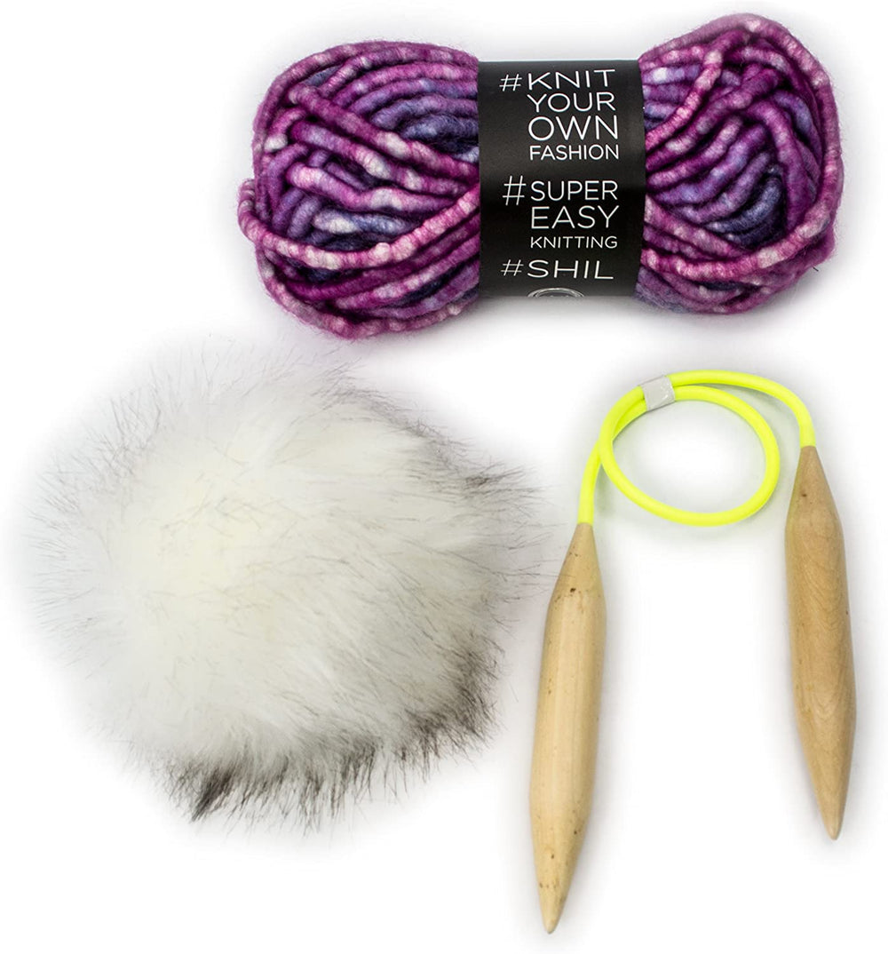 Super Soft Chunky Yarn Pom Pom Beanie DIY Knit Kit, Large Wood Knitting Needles