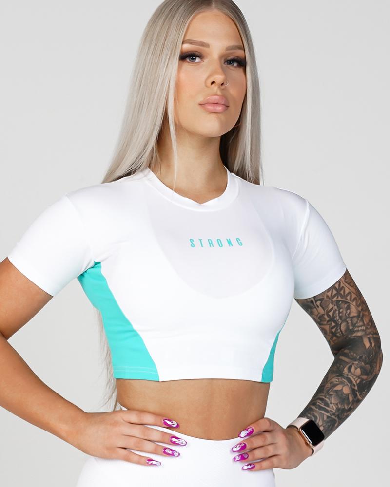 Women's Phoenix Crop Tee - Gym Tee -  White & Teal