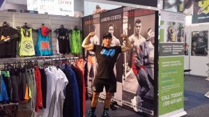 Nathan Roe at the Strong Lift Wear stall for FitX 2014 