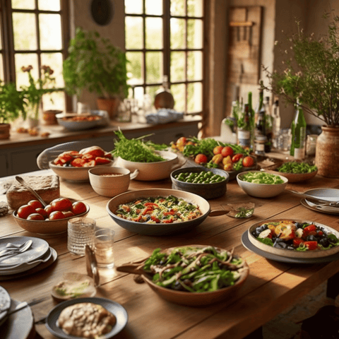 a table full or fruits and vegetables