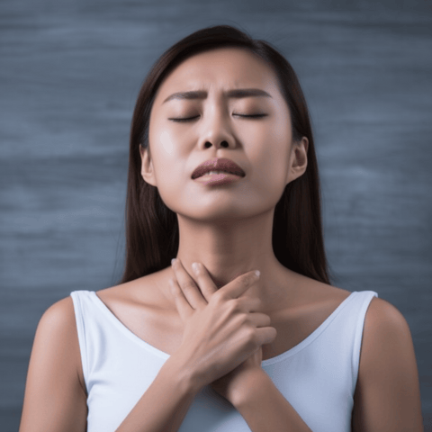 asian woman suffering fromMuscle Tension Dysphonia