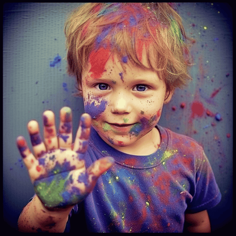 child with autism with colors over his face and hand