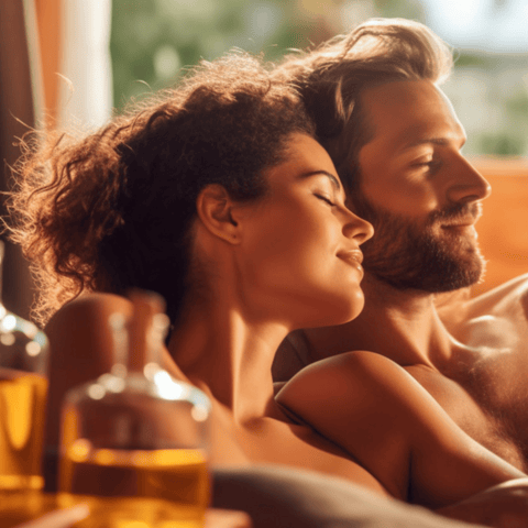couple with hemp seed oil for massage
