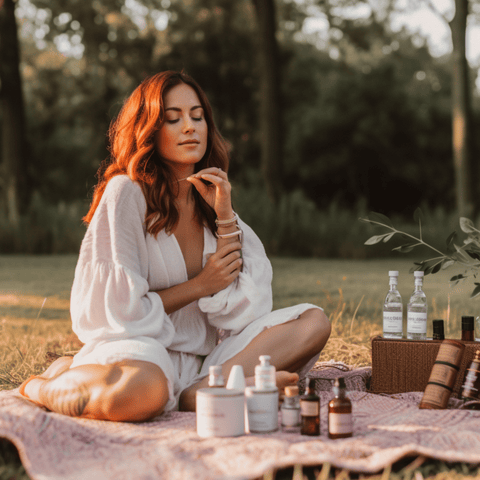 woman in a picnic style with hemp seed oil essentials around her