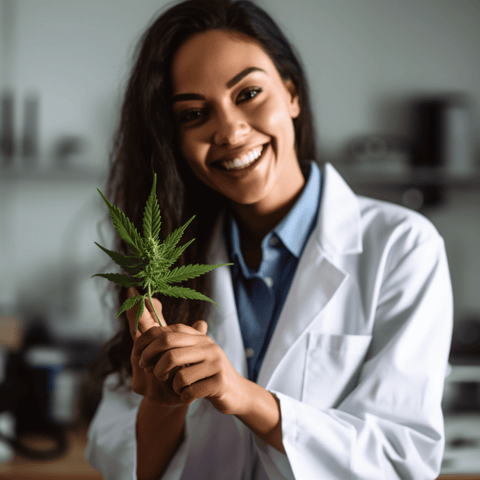 The image depicts a professional and compassionate doctor, dressed in a white lab coat, confidently cradling the cannabis flower. Her caring gaze and gentle touch convey a sense of trust and expertise in the medical field.