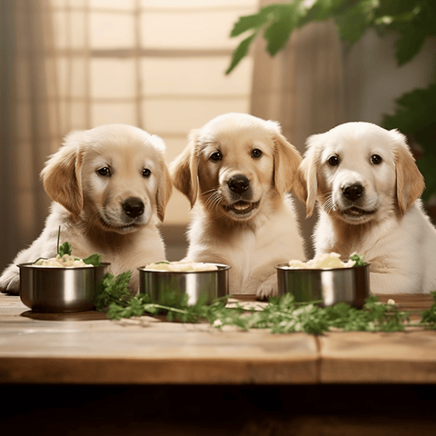 three puppies having breakfast