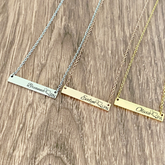 stamps of love 3 bar necklace color options silver, rose and yellow gold along with the nurses name, heart stethoscope and RN, PA, and LPN