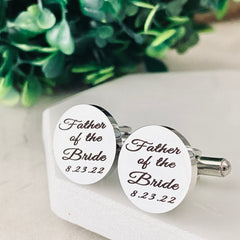 silver circle father of the bride engraved round cufflinks with wedding date
