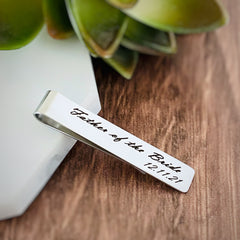 Silver engraved father of the bride with wedding date tie bar clip