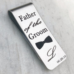 Silver Father of the Groom engraved money clip with bow tie image, first name initial, and wedding date