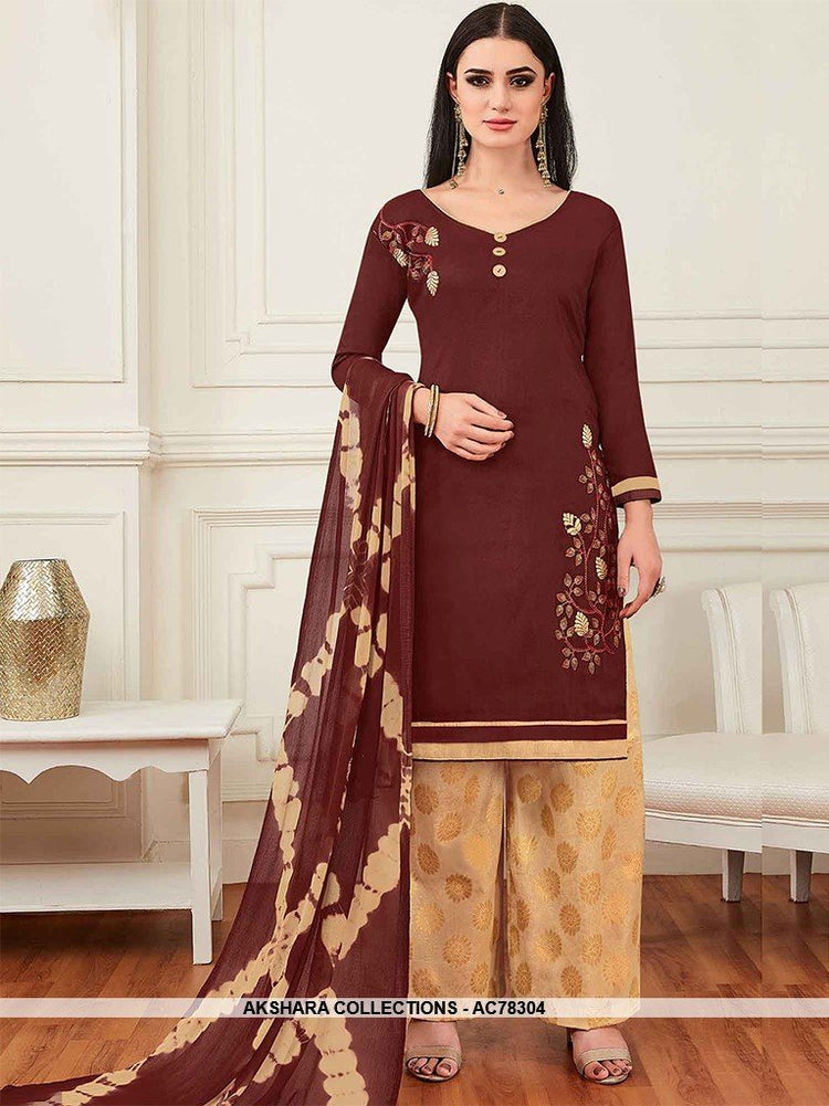 Ac78304 Dark Maroon Color Banarasi Cotton Palazzo Suit