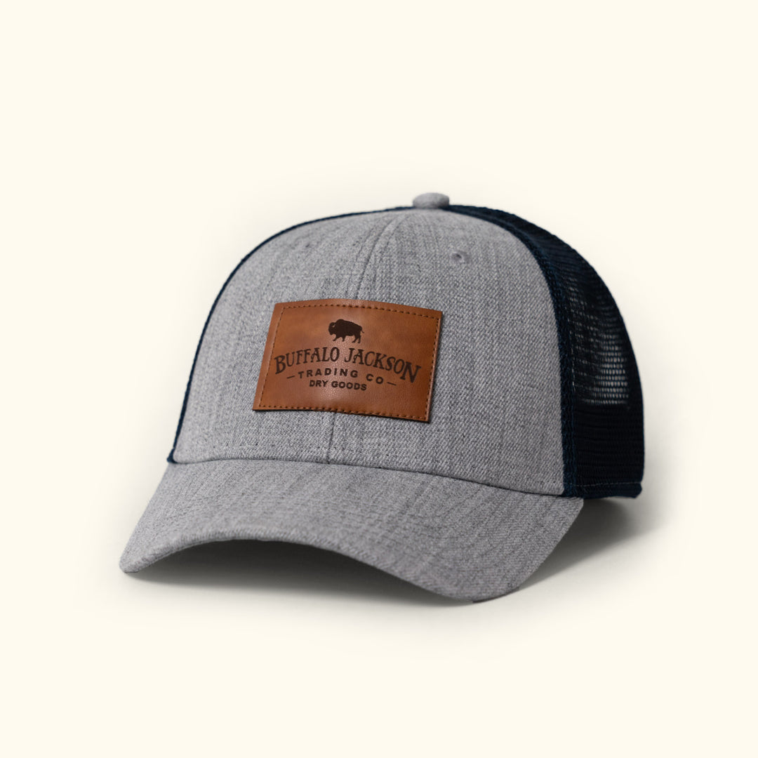 Trucker Leather Patch Hat | Heather Gray and Navy