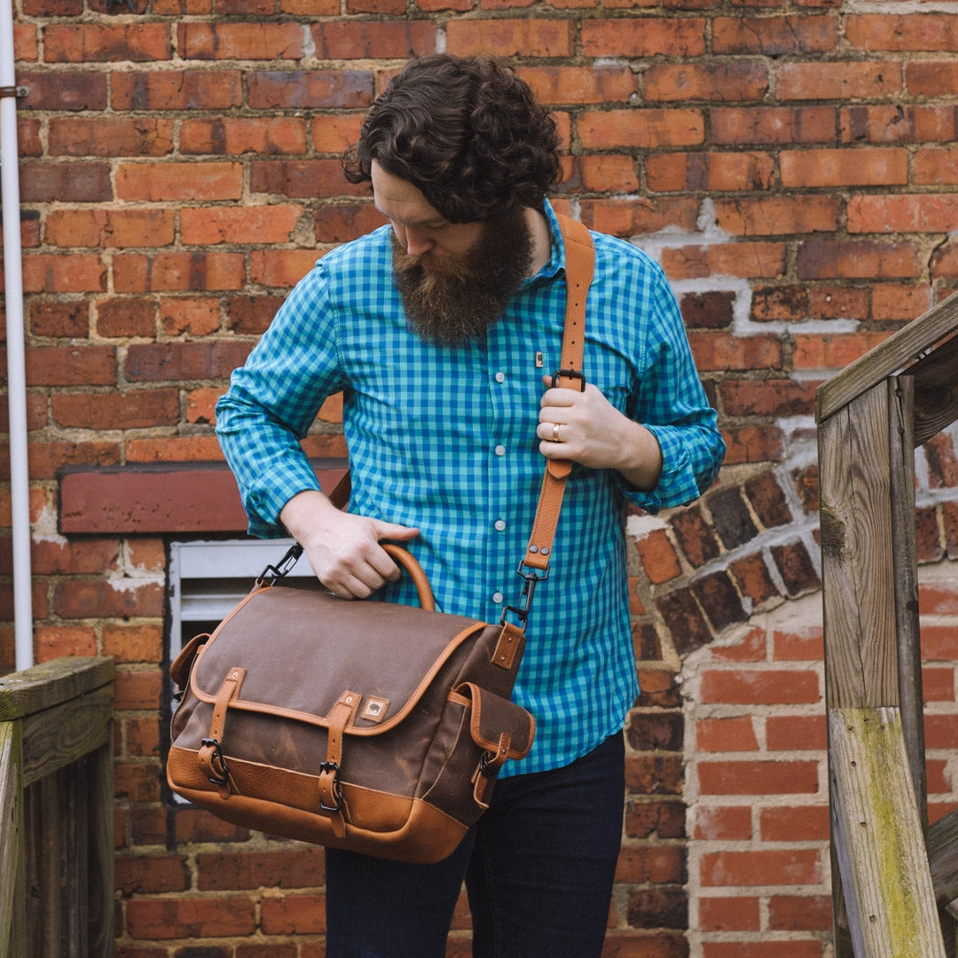 waxed canvas and leather messenger bag