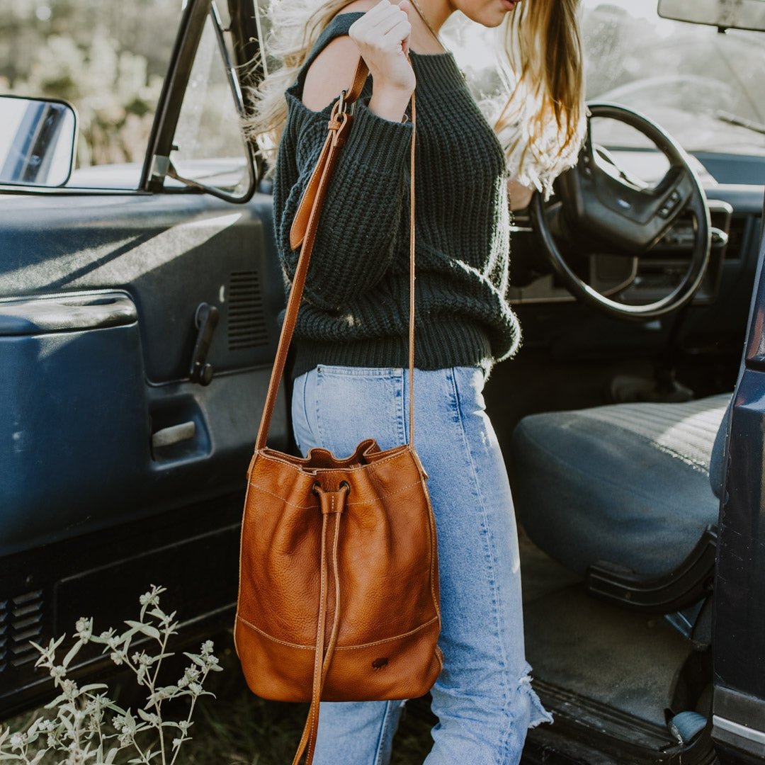 tan leather bucket bag