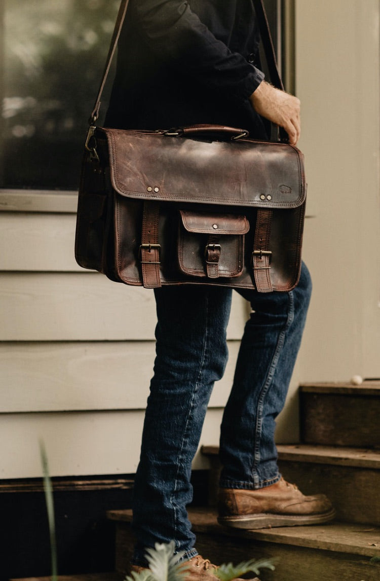 Roosevelt Buffalo Leather Satchel Messenger Bag - Large | Dark Oak