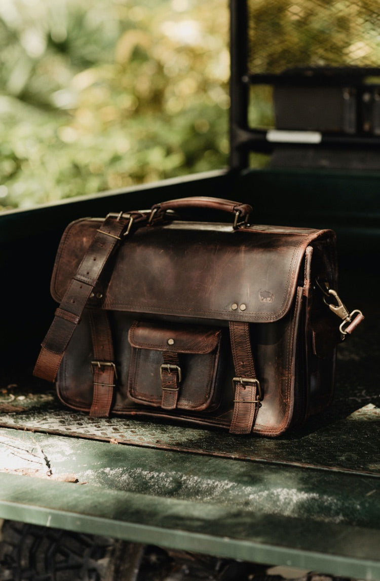 Roosevelt Buffalo Leather Briefcase, Dark Oak