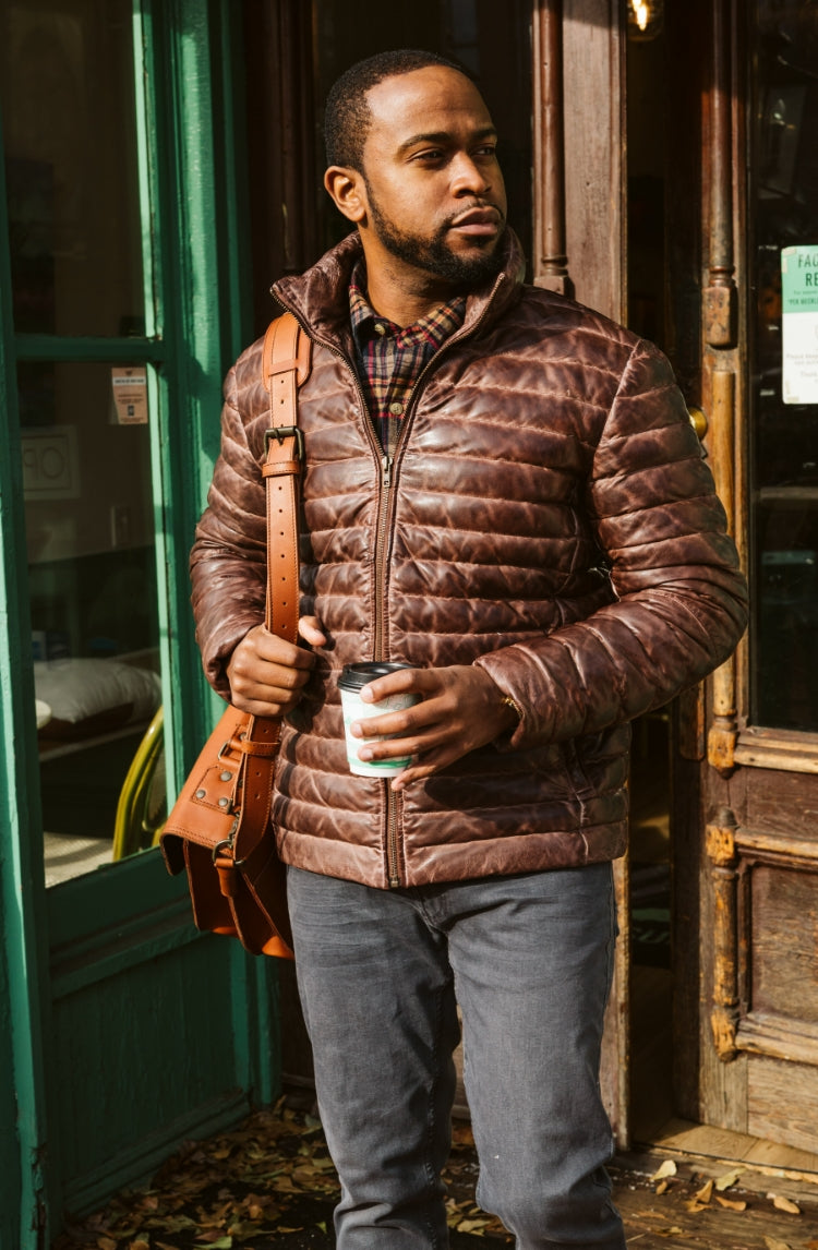 Leather Puffer Down Jacket (Light Brown)