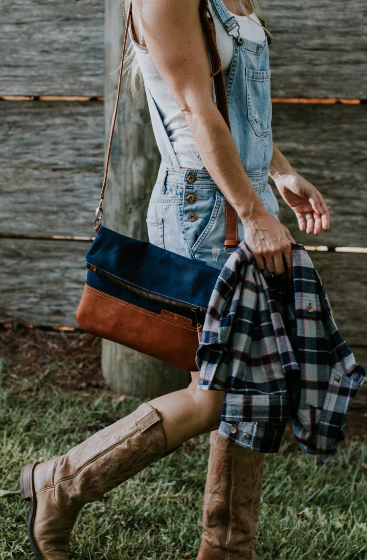 Madison Waxed Canvas Crossbody Foldover Clutch | Navy w/ Saddle Tan Leather