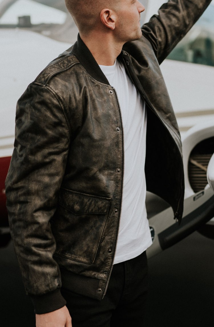 Leather Bomber Jacket in Distressed Black (The Rebel Bomber Jacket)