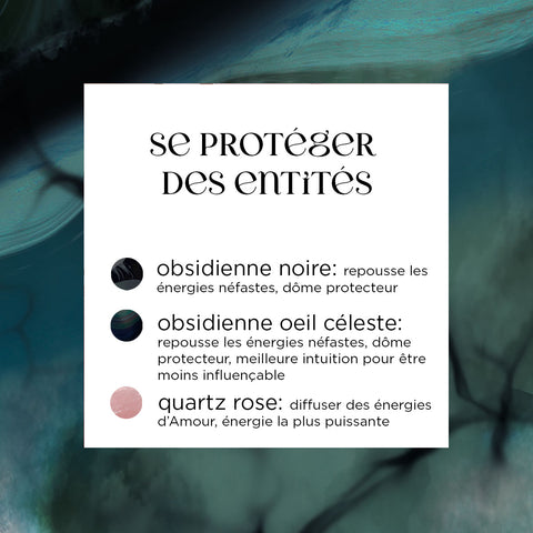 pierres pour se protéger des entités, obsidienne noire, obsidienne oeil céleste, quartz rose