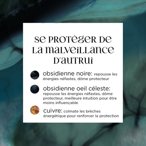 pierres pour se protéger de la malveillance d'autrui, obsidienne noire, obsidienne oeil céleste, cuivre natif