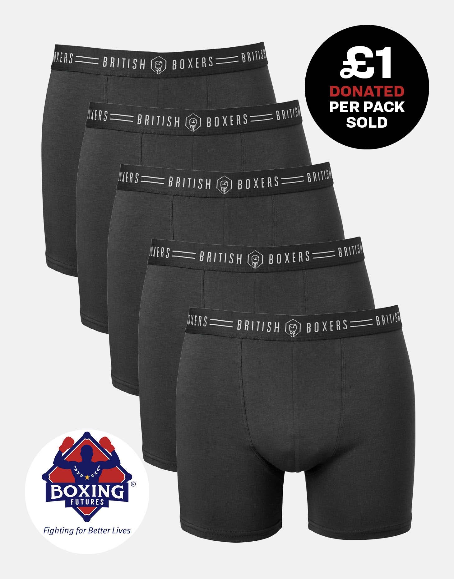 Five-pack British Boxers Men's Stretch Trunks – Coal Black