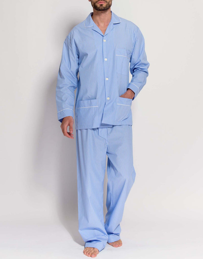 Men's Blue & White Stripe Crisp Cotton Pyjama Set | British-Boxers