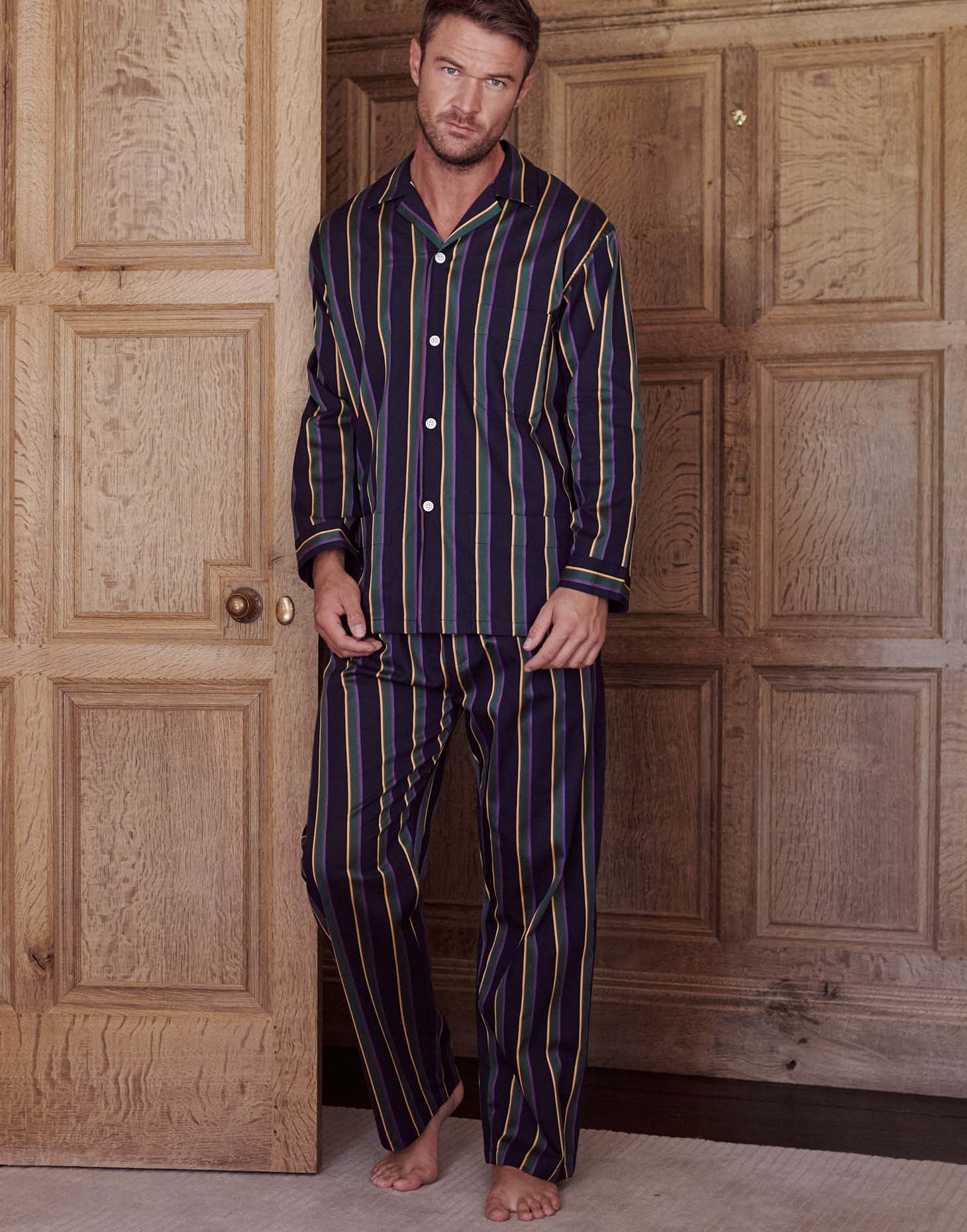 Men's Cotton Pyjama Set – Malachite Regimental Satin Stripe