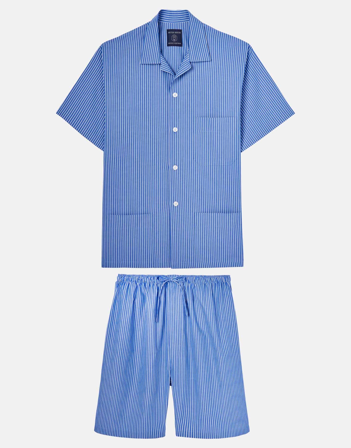 Men's Crisp Cotton Short Pyjama Set – Mid-Blue & White Stripe